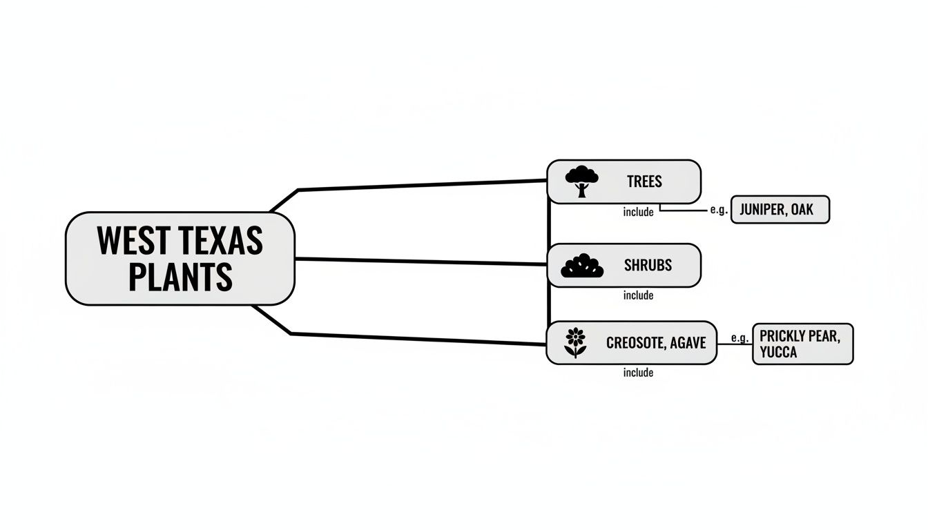 Mind map categorizing West Texas Plants into Trees (Juniper, Oak), Shrubs, and Creosote, Agave (Prickly Pear, Yucca).