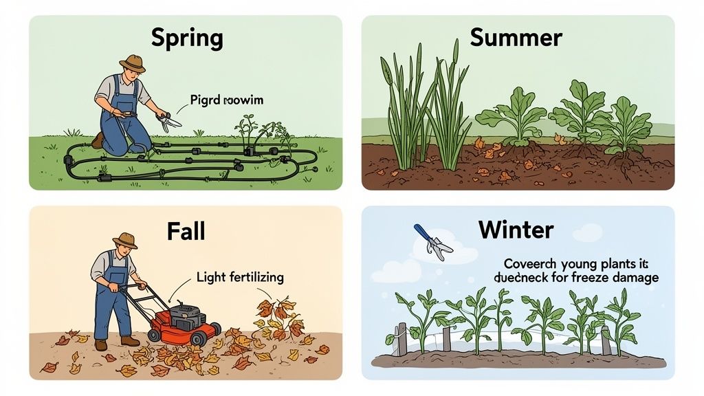 Illustration showing seasonal gardening tasks: spring pruning, summer growth, fall fertilizing and leaf clearing, winter plant protection.