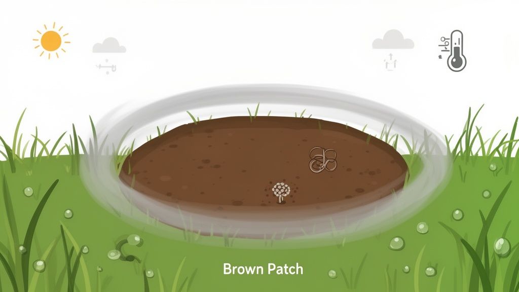 Illustration of a brown patch on grass with icons for sun, clouds, and temperature, indicating causes of lawn disease.
