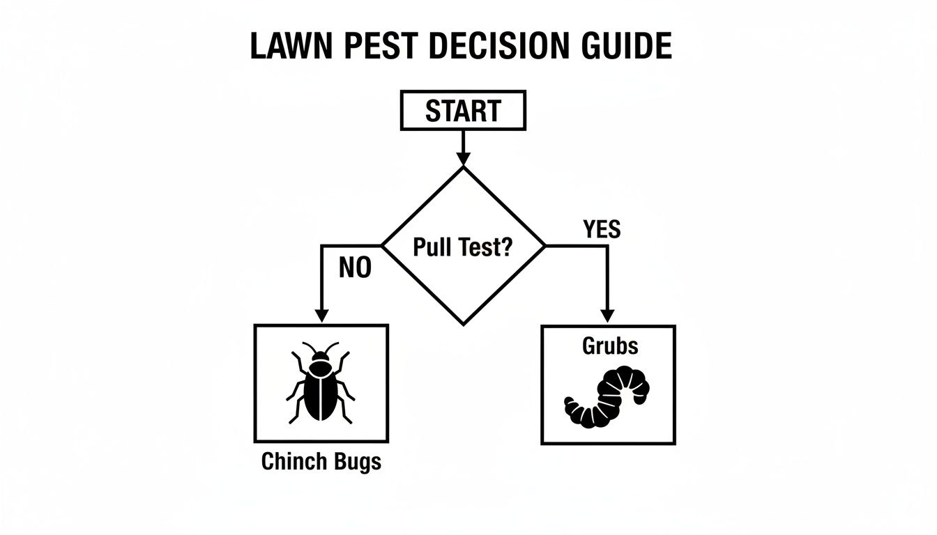 A lawn pest decision guide flowchart, using a pull test to identify either chinch bugs or grubs.