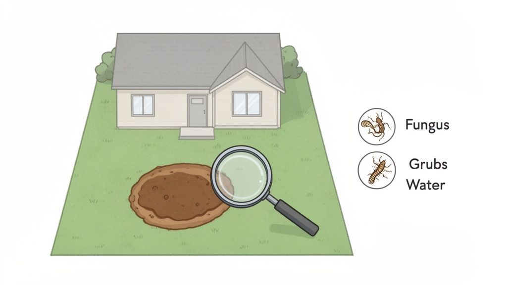 Illustration of a house with a brown lawn patch, magnified, indicating fungus, grubs, and water issues.